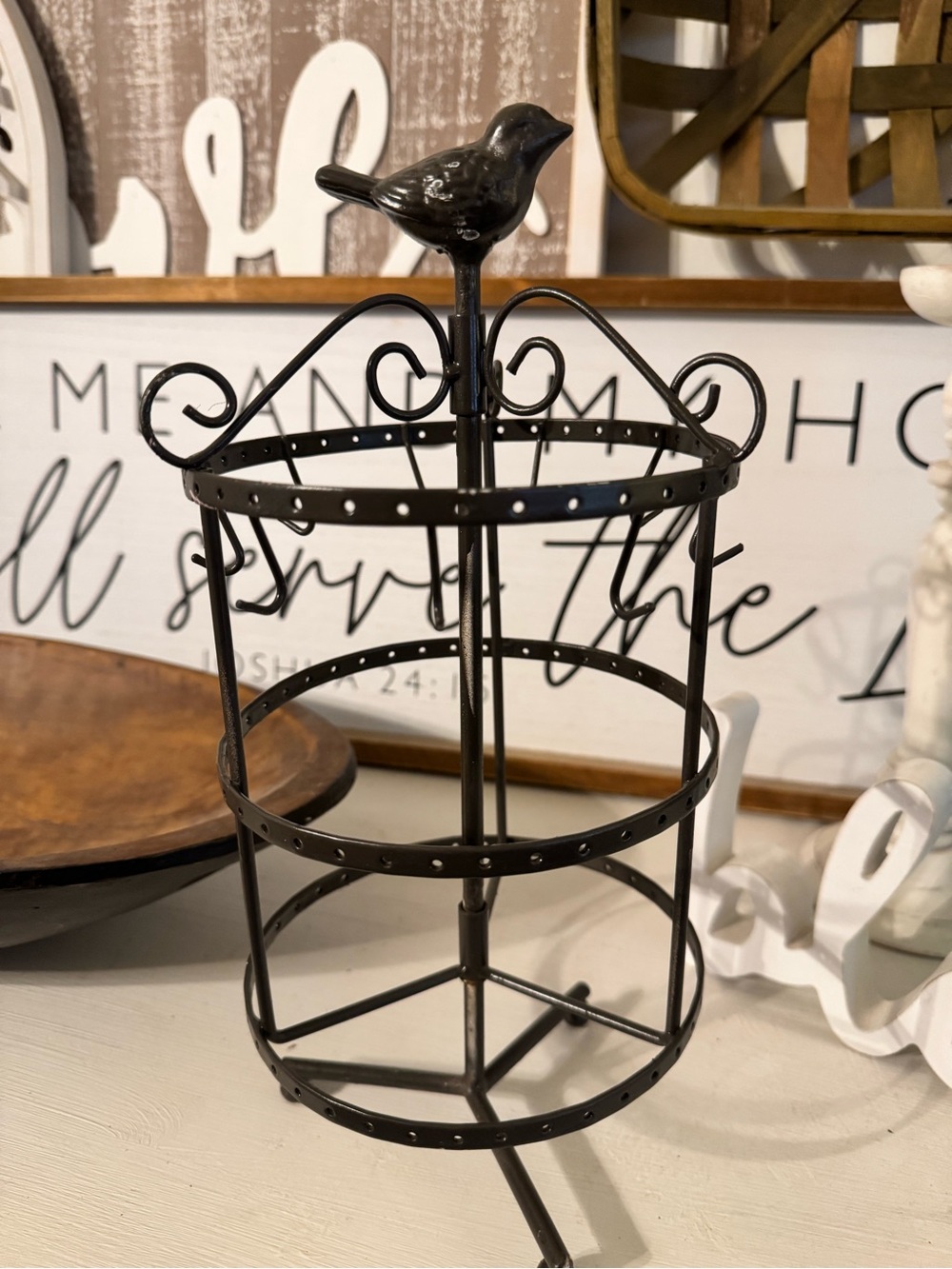 Rustic Black Bird-Topped Metal Tiered Stand